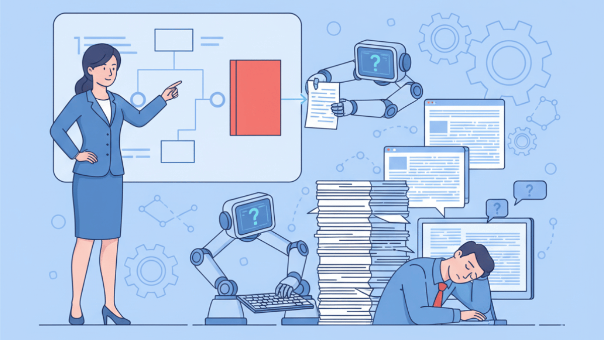 女性がフローチャートを指し示し、隣でロボットアームが書類やキーボード操作をする職場シーン。手前に大量の紙束、机では男性が疲れて伏せており、背後の画面や歯車がワークフローと自動化、情報過多による混乱を示すイラスト。