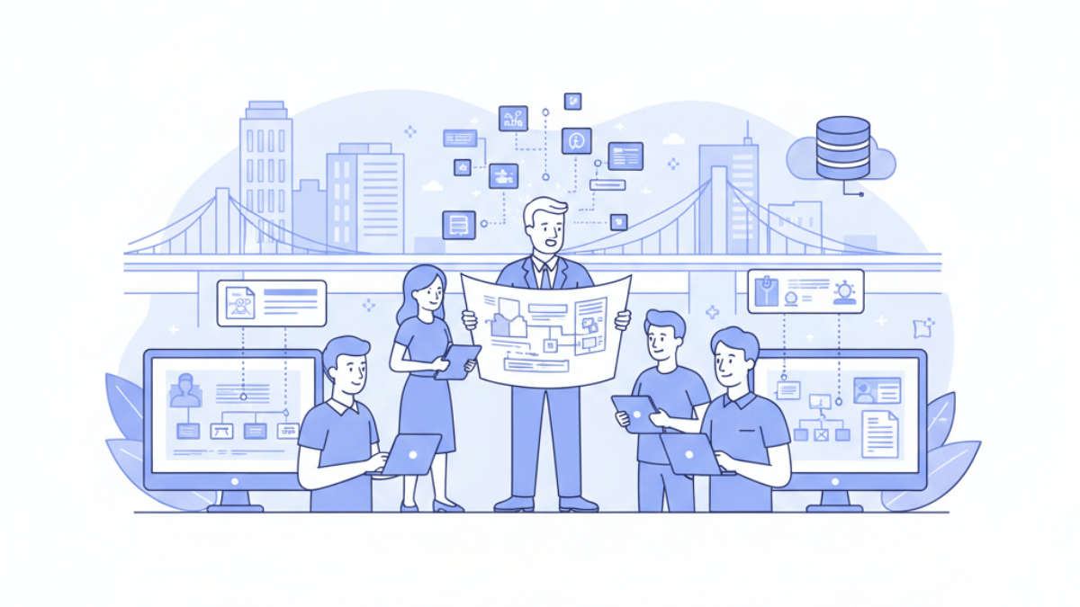 市背景の淡いブルー基調。中央で男性が大判資料を掲げ、左右のメンバーがタブレットと資料を確認。前景では2人がPCで入力やフローチャートを操作。上空にデータ/ドキュメントのアイコンが漂い、デジタル化・自動化の流れを象徴。コラムの主張である「ベテランの暗黙知の形式知化」「標準化による継承」「AIは実行だけでなく判断まで」を視覚的に示し、技術継承が滞ると生じる不安全とDXの「知の断絶」への警鐘を表す説明文。