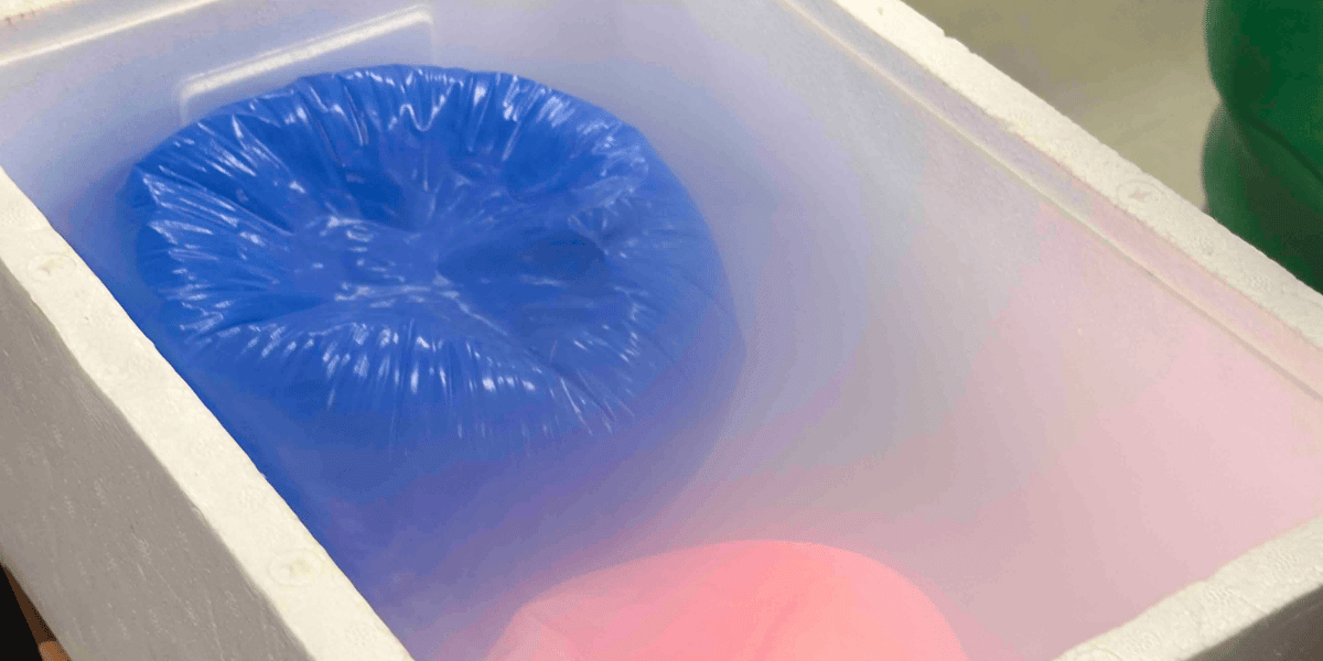 白い発泡スチロール容器の中で、青とピンクの大きな袋が膨らみ、冷気のミストが漂う様子