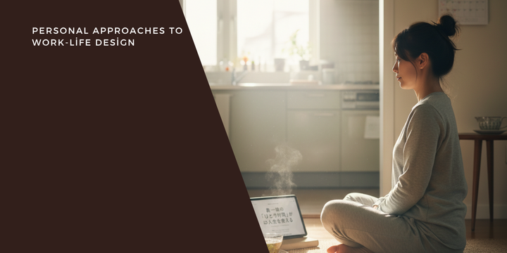 柔らかな自然光の差すキッチンで、グレーのルームウェアの女性が床に座り、日本語テキストと湯気の立つカップが表示されたノートPCに向かう。左側の濃茶色パネルには『PERSONAL APPROACHES TO WORK‑LIFE DESIGN』と記載