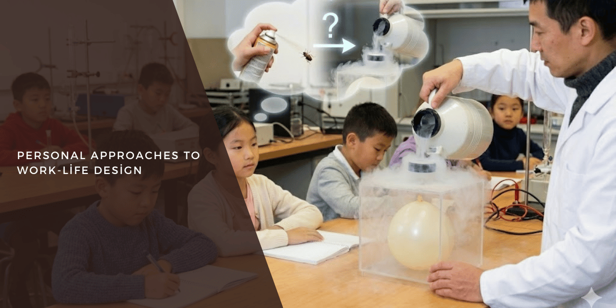 低温実験で風船が収縮する様子を、教室で子どもたちが興味深そうに見守る場面