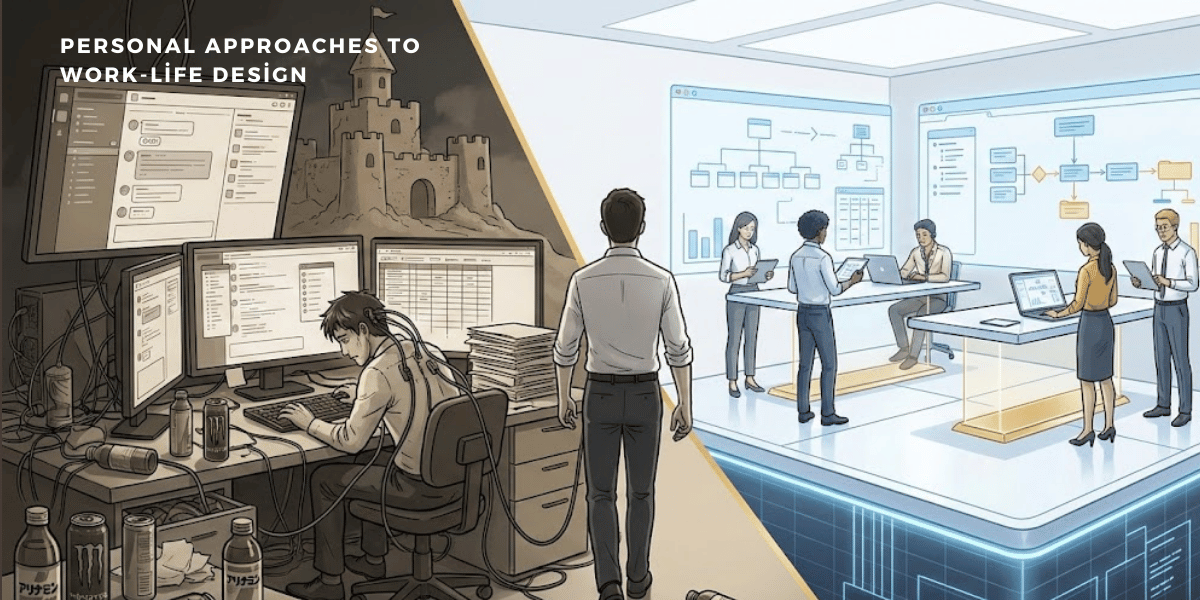 「PERSONAL APPROACHES TO WORK-LIFE DESIGN」をテーマに、左は散らかったデスクで一人残業する男性、右は明るく整ったオフィスでチームが協働する様子を対比したイラスト