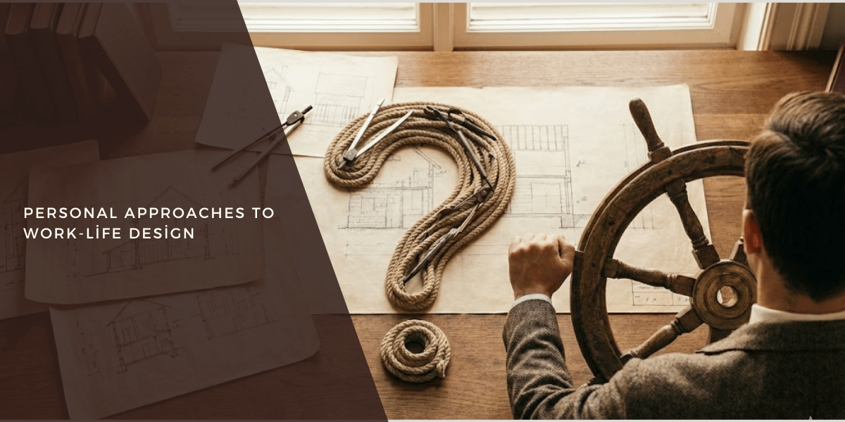 木製テーブルで設計図に向かうスーツ姿の男性と、舵輪やクエスチョンマーク状のロープが配置され、『PERSONAL APPROACHES TO WORK-LIFE DESIGN』の文字が示された、ワークライフデザインを象徴するイメージ
