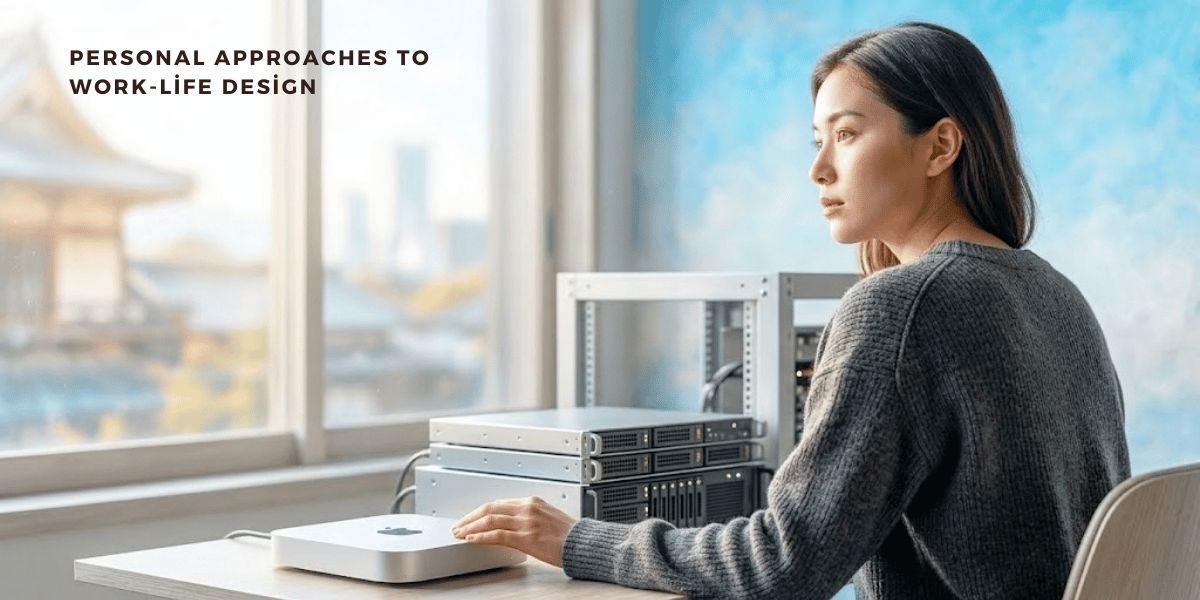 窓の外を見つめ女性と、デスク上のAppleデバイスとサーバー機器が写ったオフィス風景のイメージ