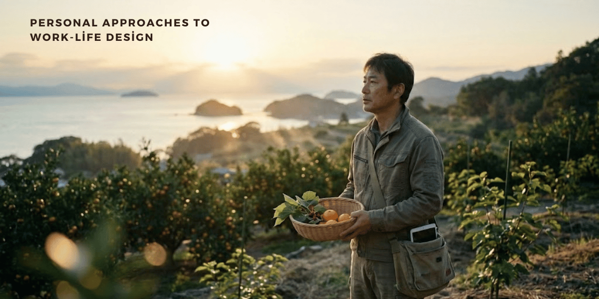 海を望む段々畑の柑橘畑で、夕日を背に収穫したオレンジが入ったかごを手に立つ男性