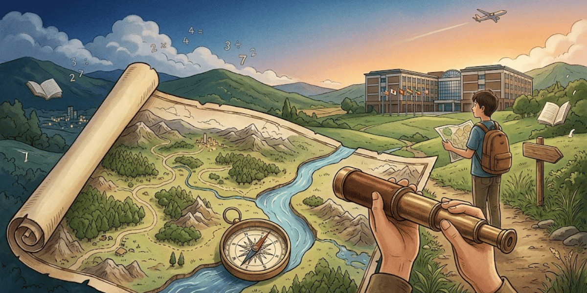 学校を目指して地図と望遠鏡を持つ少年が、山や川が描かれた地図と数学記号に囲まれて学びの冒険に出ているイラスト