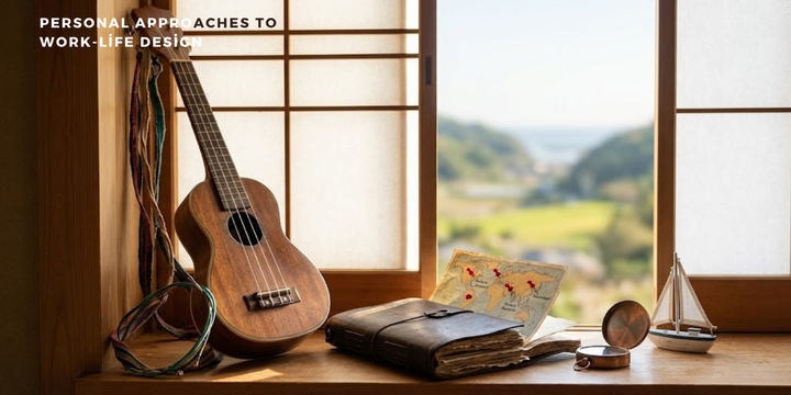 柔らかい日差しの入る木枠の窓辺に、ウクレレと地図付きの古い手帳、小さな帆船の模型が並ぶ「Personal Approaches to Work-Life Design」と書かれた旅とライフデザインを連想させる静かなイメージ